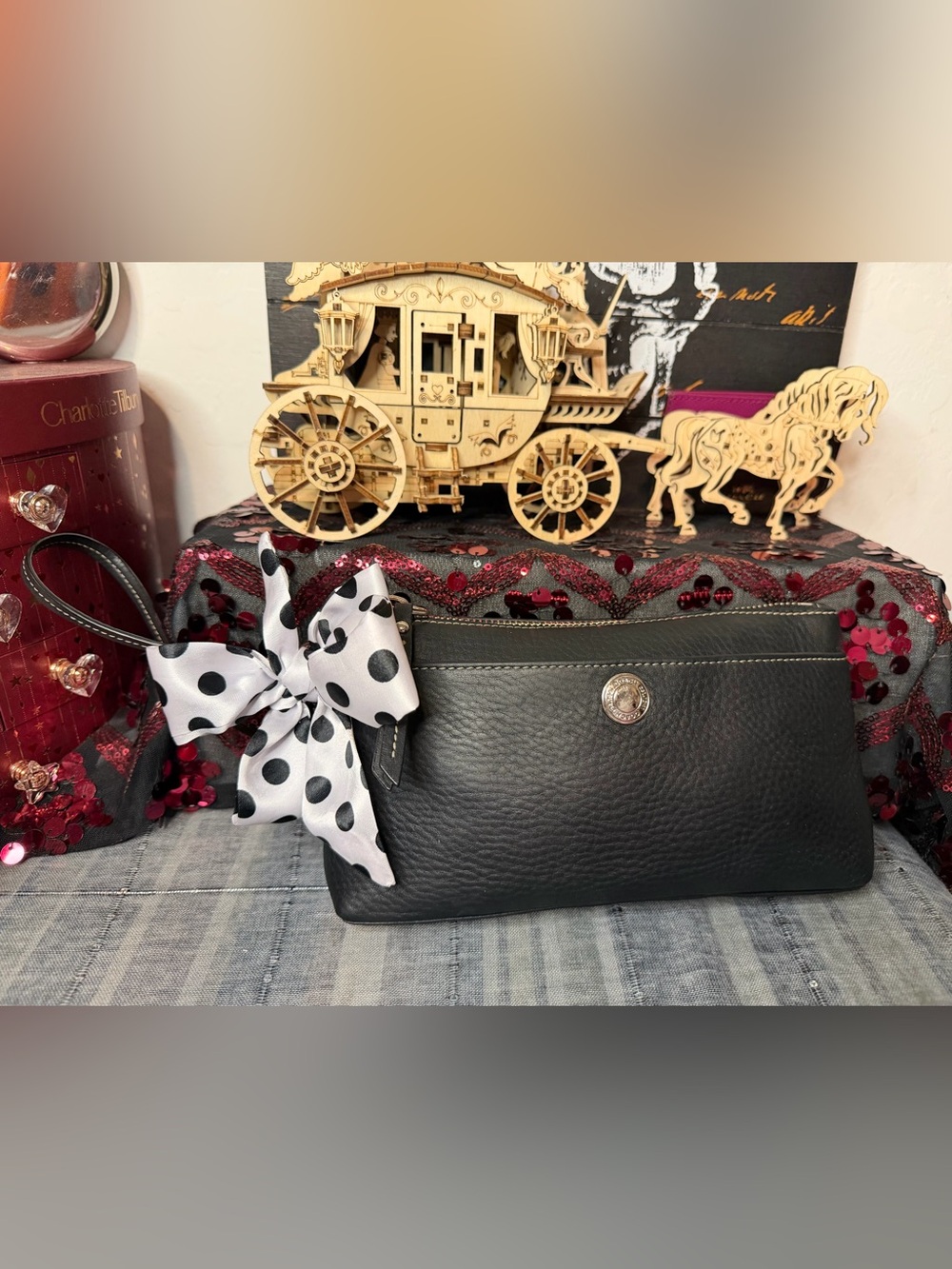 Coach Black Pebbled Leather Wristlet w Polka Dot Scarf - Picture 5 of 14